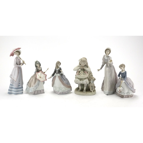 2072 - Six Lladro figurines including one of a young girl with a basket of flowers and her dog, the largest... 