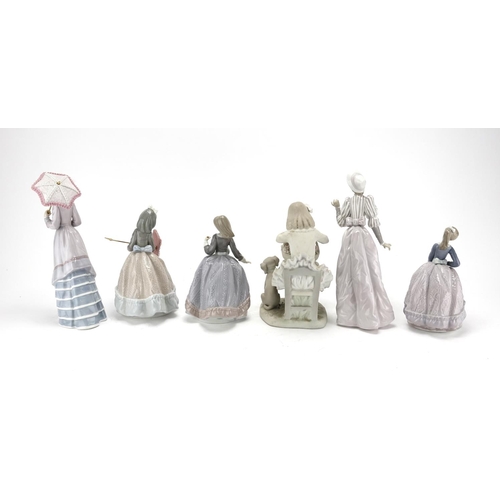 2072 - Six Lladro figurines including one of a young girl with a basket of flowers and her dog, the largest... 