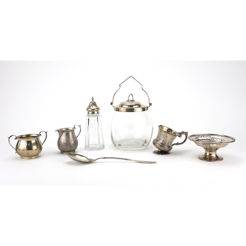 2247 - Silver items including a Georgian pedestal cup, sparrow beak jug, pedestal bon bon dish and glass bi... 