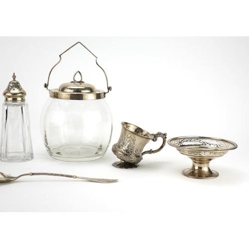 2247 - Silver items including a Georgian pedestal cup, sparrow beak jug, pedestal bon bon dish and glass bi... 