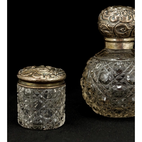 2246 - Victorian cut glass scent bottle with silver lid and two jars, London hallmarks, the largest 9cm hig... 