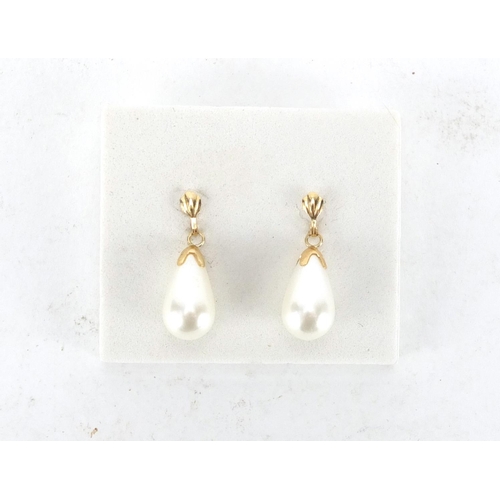 214 - Pair of 9ct gold simulated pearl drop earrings