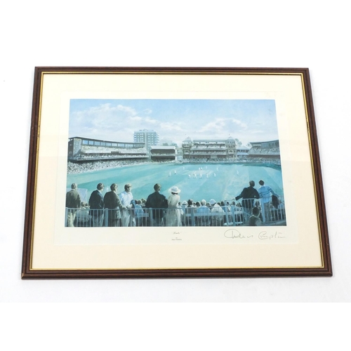 198 - Arron Fearnley - Cricket print, Lords, pencil signed to the border, mounted and framed, 51cm x 37cm