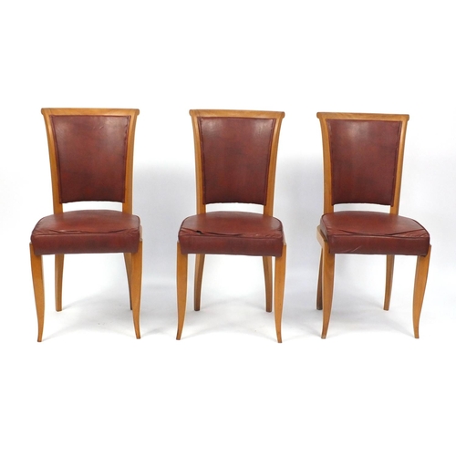 40 - Set of six Art Deco light wood dining chairs, with leather  seats and backs, 95cm high