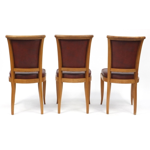 40 - Set of six Art Deco light wood dining chairs, with leather  seats and backs, 95cm high