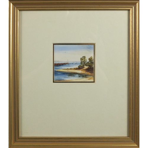 148 - Anne Nelson - Surfriders, watercolour, label and stamp verso, mounted and framed, 6.2cm x 6.2cm