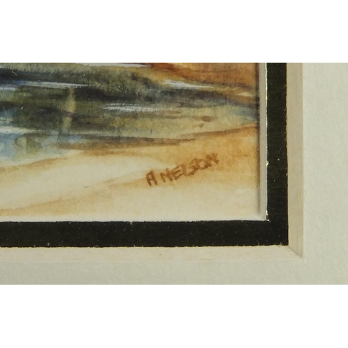 148 - Anne Nelson - Surfriders, watercolour, label and stamp verso, mounted and framed, 6.2cm x 6.2cm