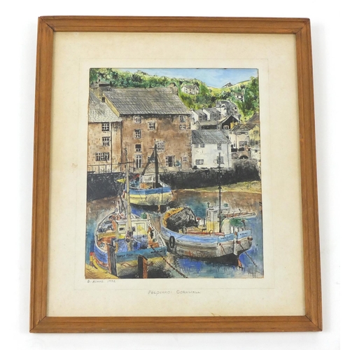 239 - Moored boats in a harbour, watercolour on paper, pencil signed and titled 'B Adam's 1972 Polpero Cor... 