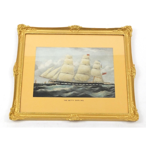 199 - Clipper Ship at sea, titled 'The Betty Darling', mounted and framed, 44.5cm x 30cm