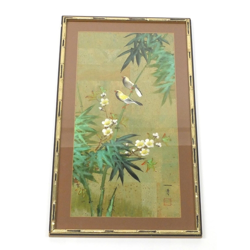 197 - Japanese birds amongst bamboo leaves, mixed media, mounted and framed, 60cm x 29cm