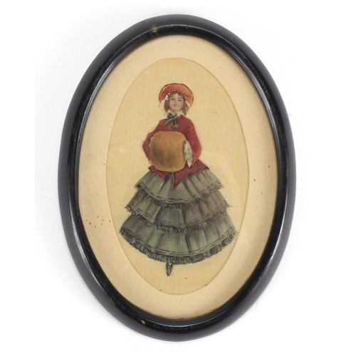 392 - Crinoline Lady, watercolour on silk miniature, 13.5cm x 8.5cm