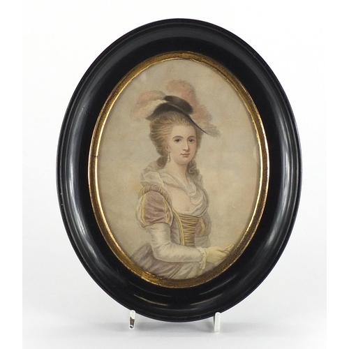 395 - Portrait miniature, female in formal dress, framed, 15.5cmx 11.5cm