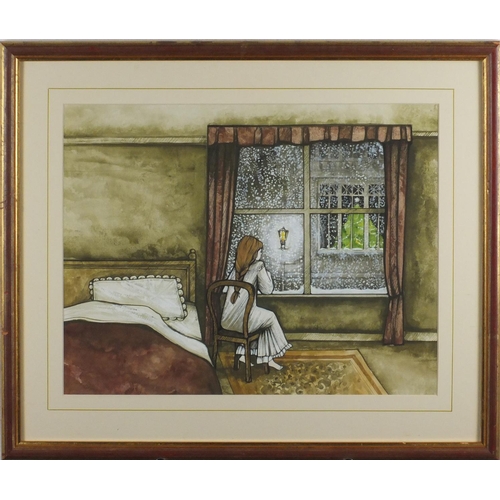 2092 - Young girl looking out of a window at Christmas, heightened watercolour, mounted and framed, 42cm x ... 