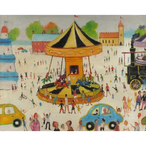 2097 - Fairground carousel, oil on board, inscribed F Yates verso, mounted and framed, 49cm x 39.5cm