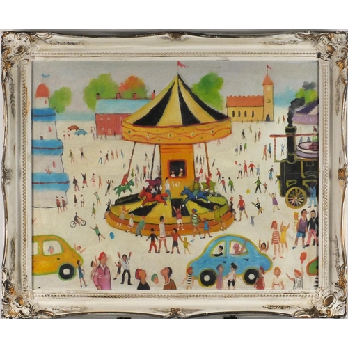 2097 - Fairground carousel, oil on board, inscribed F Yates verso, mounted and framed, 49cm x 39.5cm