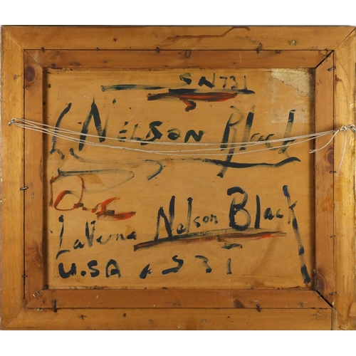 2028 - Native American's, American school oil on board, bearing an inscription Lavrna Nelson Black verso, m... 