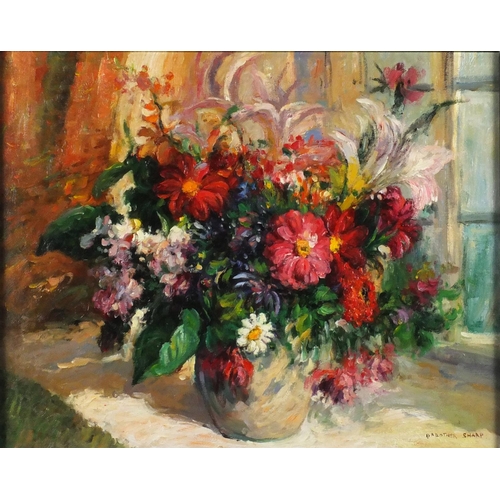 2096 - Summer flowers in a vase, oil on canvas, bearing a signature Dorothea Sharp, inscribed verso, framed... 