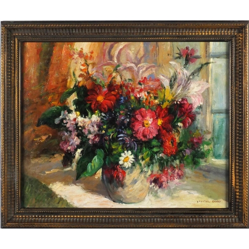 2096 - Summer flowers in a vase, oil on canvas, bearing a signature Dorothea Sharp, inscribed verso, framed... 
