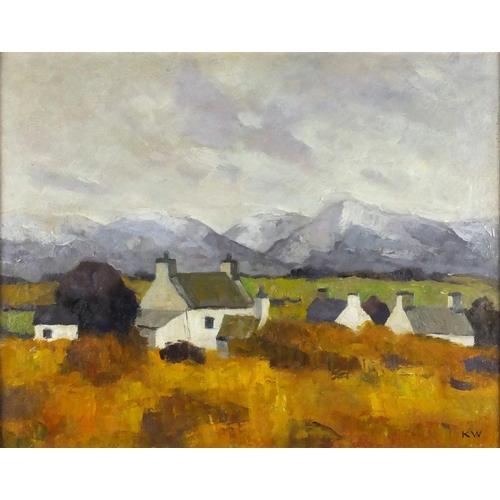 2132 - Cottages before mountains, oil on board, bearing a monogram KW, framed, 49.5cm x 39cm
