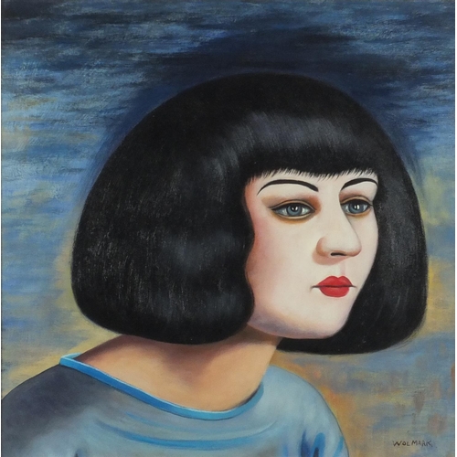 2093 - Portrait of a female, oil on board, bearing a signature Wolmark, mounted and framed, 39cm x 39cm