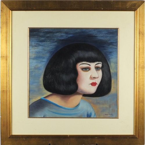 2093 - Portrait of a female, oil on board, bearing a signature Wolmark, mounted and framed, 39cm x 39cm