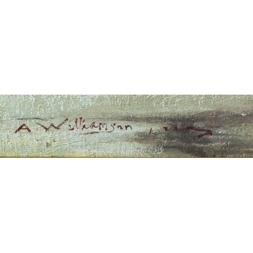 2058 - Figures before sea with boats, oil on board, bearing a signature A Williamson, mounted and framed, 7... 