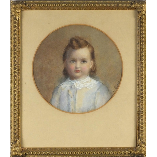 2129 - Head and shoulders portrait of a young girl, circular Edwardian heightened watercolour, bearing a si... 