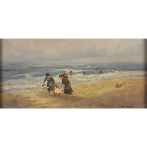 2217 - Andrea Couldridgh - Figures on a beach, impressionist oil on board, framed, 39.5cm x 19cm