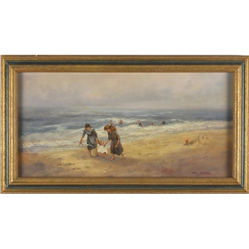 2217 - Andrea Couldridgh - Figures on a beach, impressionist oil on board, framed, 39.5cm x 19cm