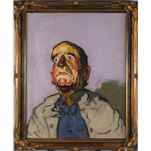 2212 - Portrait of a man, Welsh school oil on board, bearing a monogram KW and inscription verso, framed, 5... 