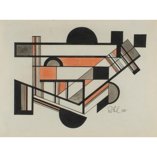 2055 - Abstract composition, geometric shapes, Russian school ink and watercolour, bearing an indistinct si... 