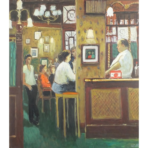 2026 - Figures in a pub, oil on canvas, bearing a monogram ASH, mounted and framed, 83cm x 74cm