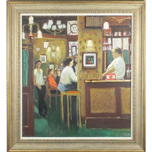 2026 - Figures in a pub, oil on canvas, bearing a monogram ASH, mounted and framed, 83cm x 74cm