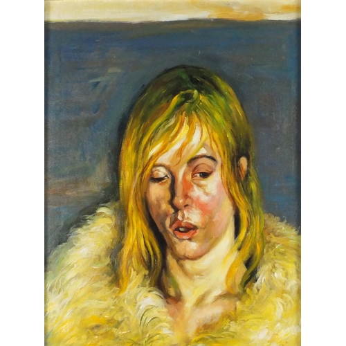2210 - Manner of Lucian Freud - Portrait of a female, oil on canvas board, inscribed verso, framed, 39.5cm ... 