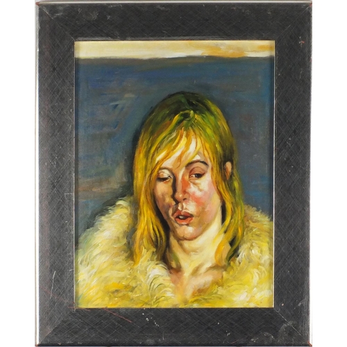 2210 - Manner of Lucian Freud - Portrait of a female, oil on canvas board, inscribed verso, framed, 39.5cm ... 