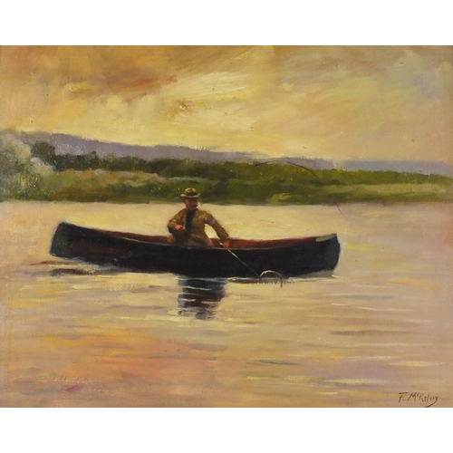 2091 - Man fishing in a canoe, Irish school oil on board, bearing a signature F McKelvey, 49cm x 39.5cm