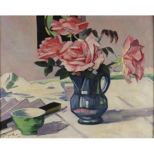 2054 - Flowers in a vase, Scottish school oil on board, bearing an indistinct signature and inscription ver... 