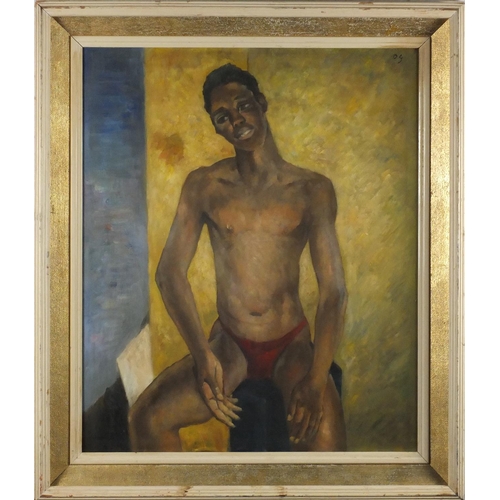 2025 - Portrait of a seated nude male, African school oil on board, bearing a monogram DG and inscription v... 