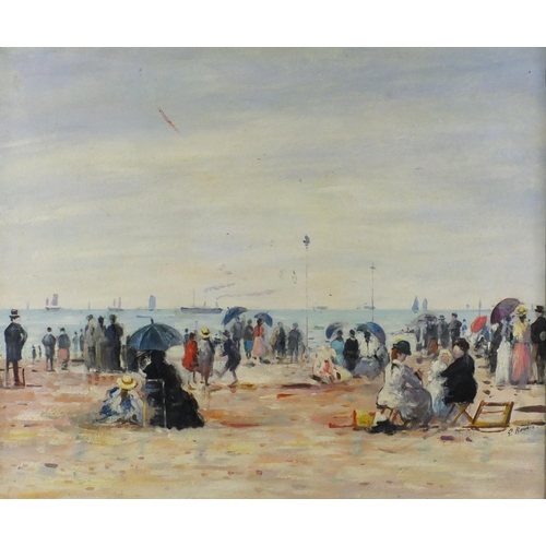 2062 - Figures on the beach, French impressionist oil on board, bearing a signature E Boudin and inscriptio... 