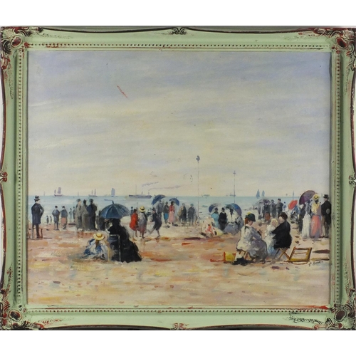 2062 - Figures on the beach, French impressionist oil on board, bearing a signature E Boudin and inscriptio... 