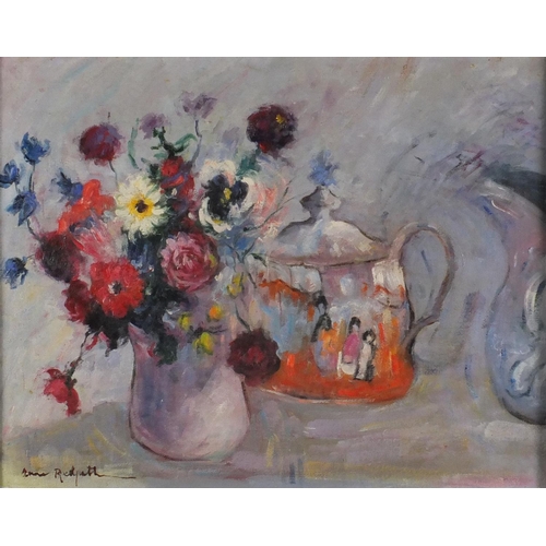 2057 - Still life flowers and a teapot, oil on board, bearing a signature Anne Redpath, framed, 49cm x 39cm