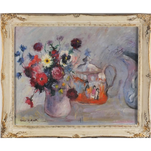 2057 - Still life flowers and a teapot, oil on board, bearing a signature Anne Redpath, framed, 49cm x 39cm
