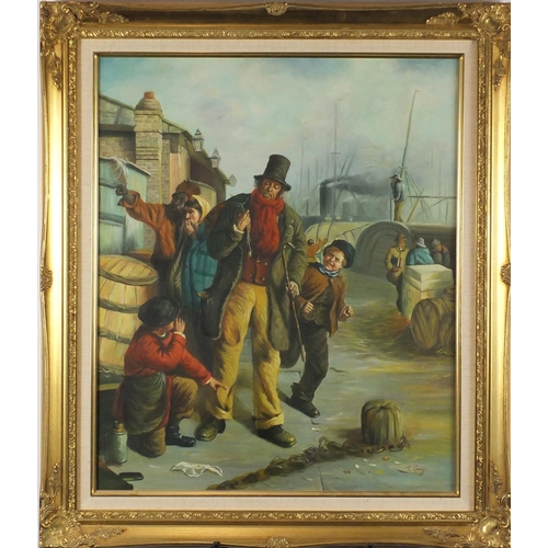 2134 - Street traders, Old Master style, oil on canvas, bearing a signature possibly T Crag, mounted and fr... 