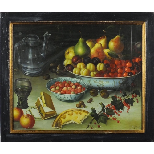 2133 - Still life fruit and vessels, Old Master style oil on canvas board, bearing a signature F V Bailey, ... 
