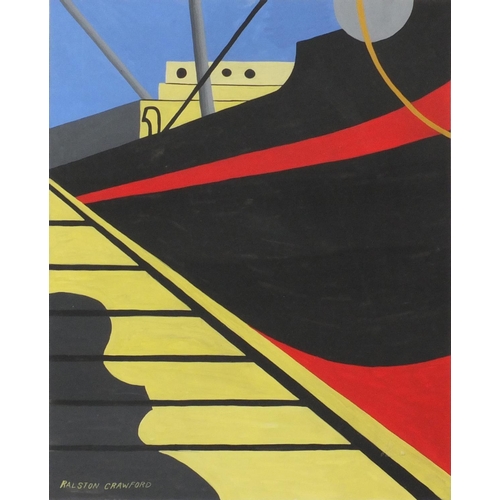 2175 - Moored ship, pop art style gouache, bearing a signature Ralston Crawford, mounted and framed, 45cm x... 