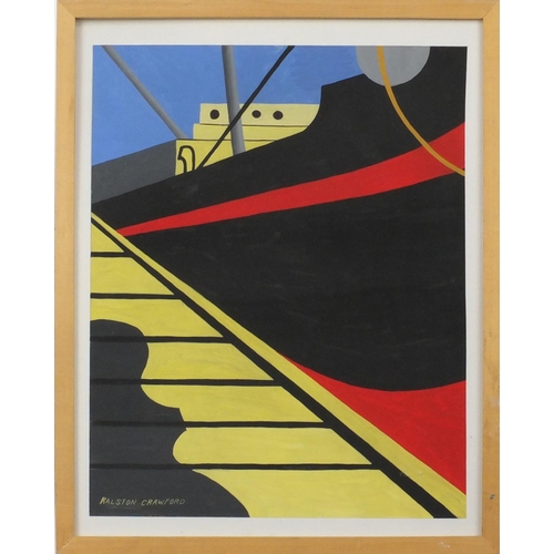 2175 - Moored ship, pop art style gouache, bearing a signature Ralston Crawford, mounted and framed, 45cm x... 