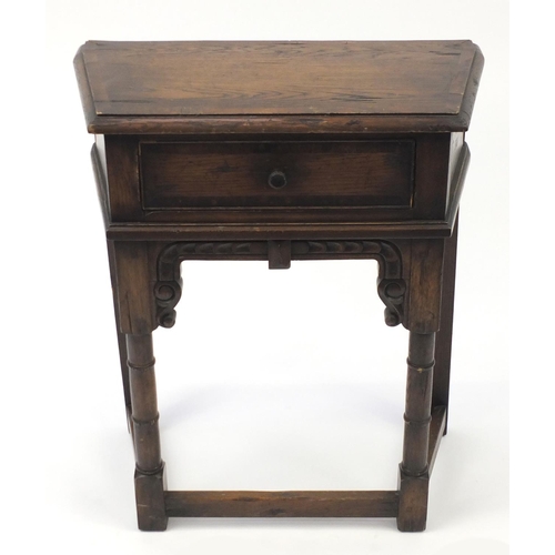 13 - Carved oak hall table, with cross banded top and frieze drawer, 73cm H x 61cm W x 31cm D
