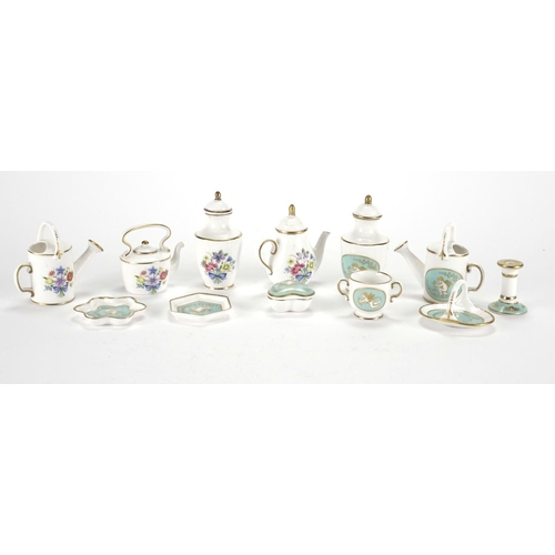2142 - Miniature Spode including watering cans, teapot and coffee pot, the largest 6.8cm high