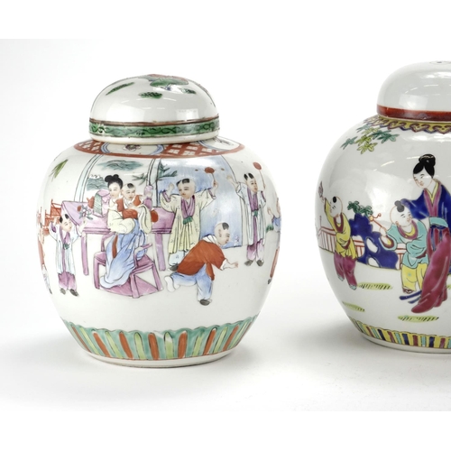 2088 - Three Chinese porcelain ginger jars with covers, each hand painted with figures, the largest 20.5cm ... 