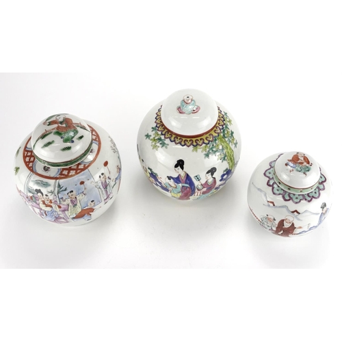 2088 - Three Chinese porcelain ginger jars with covers, each hand painted with figures, the largest 20.5cm ... 